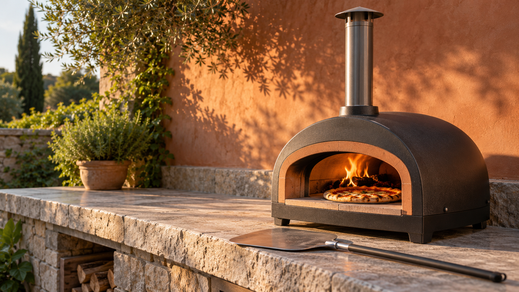 Outdoor pizza oven on a terrace